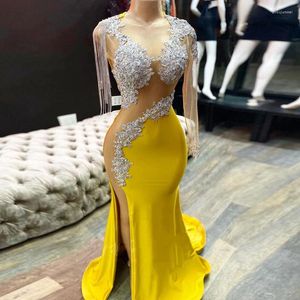 Party Dresses See Through Yellow One Shoulder Prom Sequins Lace Applique Side Split Mermaid Evening Dress Sexy African Gowns