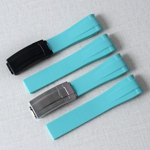 Waterproof Rubber Watchband Stainless Steel Fold Buckle Watch Band Strap for Oysterflex SUB Bracelet Watch Man 20mm TBlue Lightblue+TOOLs