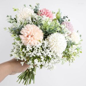 Decorative Flowers 1 Bouquet Mixed Flower Roses Artificial White Silk Peony Hydrangea Ball For DIY Home Wedding Decor Fake