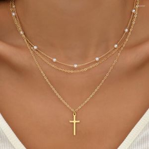 Chains Multilayer Chain Vintage Cross Charm Pendant Choker Necklace For Women Cute Pearl Jewelry Gift E915