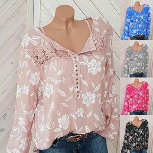 Women's Blouses Fall Plus Size Ladies Tops Fashion V-neck Long Sleeve Printed Flowers Chiffon Shirt Lace Stitching Black Pink Red Blouse