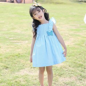 Mädchen Kleider 2023 Sommer Casual Kleid Für Kinder Kleinkinder Ärmellose Gesmokt Blau Kinder Raucher Kleidung Outfit Kleinkind Playwear