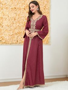 Ethnische Kleidung Türkei Kleider für Frauen Polka Dot Spitze Stickerei V-Ausschnitt Langarm Elegantes A-Linien-Kleid Gürtel Kaftan Muslim