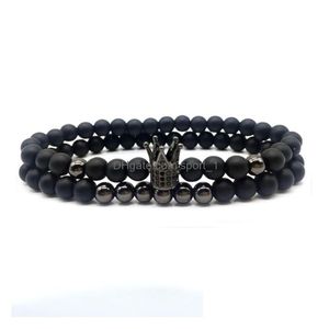 Conjunto de pulseiras com miçangas de contas de coroa de 6 mm para homens e mulheres pretas pedras naturais elásticas pulseiras ajustáveis joias para casais Gi Dhsye