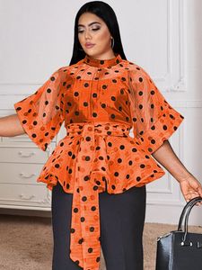 Women's Plus Size TShirt Sexy See Through Tops 34 Sleeve Black Polka Dot Organze White Orange Women Blouse Evening Party Shirt with Belt 230705