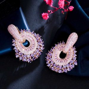 Charm CWWZircons New Fashion Luxury Purple Pink Cubic zirconia Pave Pendant Earrings for Women Statement Wedding Party Jewelry CZ979 Z230706
