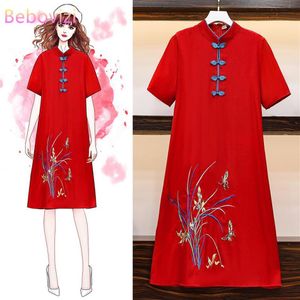 Odzież etniczna 2021 M-4XL Plus rozmiar Vintage czerwony haft chińskie tradycyjne Qipao w stylu Casual, imprezowa kobiety Midi sukienka lato Cheongs3133