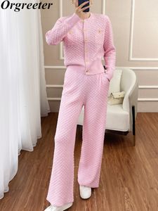 Calças Femininas de Duas Peças Suéter Outono Inverno Calças Ternos Moda Feminina Casaco de Malha de Peito Único Conjunto Perna Larga Casual 2 Feminino 230705