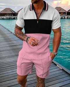 Men's Tracksuits Polo Tshirt Set For Men Business Luxury Brand Casual Suit Zipper Lapel Tshirt Short Sleeve Male Hawaiian Style Polo Shirt Set 230704