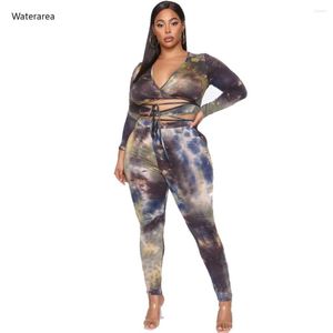 Women's Two Piece Pants 2023 Plus Size Set Tie Dye Print Up V-neck Crop Top & Pencil Leggings Sweatpants Suit Tracksuit Outfit