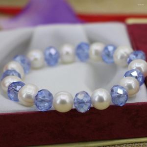 Bransoletka ręcznie pleciona bransoletka naturalna 10-11mm biała perła słodkowodna i niebieski jadeit 20cm dla kobiet biżuteria modny prezent