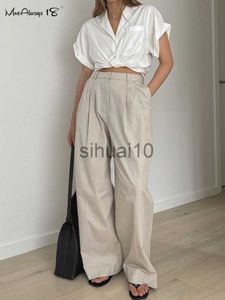 Women's Pants Capris Mnealways18 Beige Pleated High Waist Pants Pockets Office Ladies Wide Legs Pants Womens Casual Loose Work Trousers Summer 2023 J230705