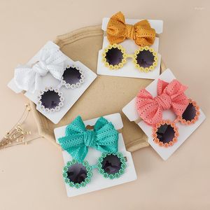 Haarschmuck 2 stücke Kinder Gänseblümchen Blume Sonnenbrille Stirnband Set Baby Elastische Böhmen Strand Am Meer Sonnenbrille Puff Bogen Kopfbedeckung