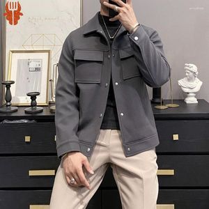 Männer Jacken Herbst Winter Wolle Koreanischen Stil Beiläufige Dünne Revers Große Tasche Jacke Einfarbig Sozialen Mantel Jaqueta Masculina 2023