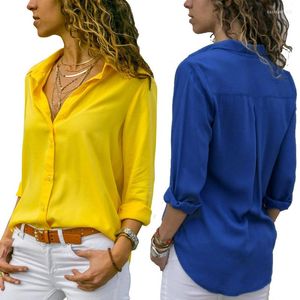 Kadın bluzları Kadın Sarı Şifon Bluz Seksi Sonbahar Uzun Kollu Düğme Asimetrik Gömlek Kadın İş Giyim Büyük Boy ARJ-196Y