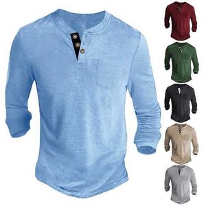 Mens Henley camiseta camiseta de manga comprida camisa lisa henley casual holida de manga comprida