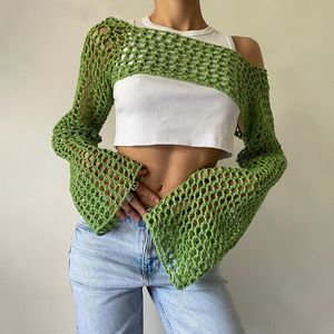 Camiseta Feminina Summer Green Knit Crop Top Feminina Mesh Manga Longa T-shirt Beach Fishnet Hollow Out Smock Crochet Sweater Y2k Tops Roupas 230705