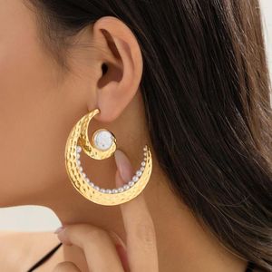 Stud Earrings Big Moon Shape Imitation White Pearls Earring Jewelry For Women Female Party Punk