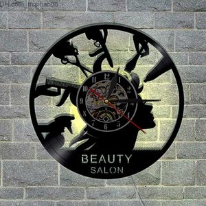 Wall Clocks 1Piece Beauty Salon Record Wall Clock Barber Shop Unique Art Decor LED Light With Color Changing Hanging Time Watch Z230707