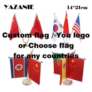 Drapeaux de bannière YAZANIE 14 * 21cm Choisissez 3 ou 4 pays Drapeau de bureau de table avec base en acier inoxydable Support de drapeau de table Drapeaux de pays du monde 230704