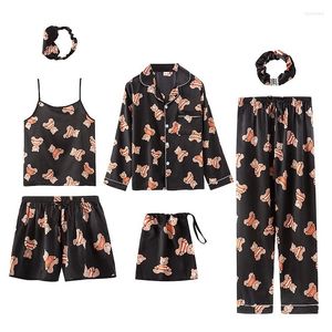 Damen-Nachtwäsche QWEEK 7-teiliges Pyjama-Set aus Kunstseide, weihnachtlicher gestreifter Pyjama Pour Femme Frühling Sommer Homewear