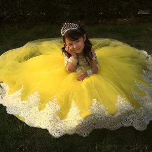 Bright Yellow Ball Flower Girls Dresses Jewel Neck Long Sleeve Lace Appliques Kids Birthday Party Gown Bow Tie Infant Communion Dress 415