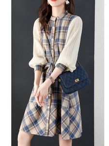 Party Dresses Women's Spring And Summer Plaid Stitching Lace-up A Dress Fashion Temperament Casual Loose Long-sleeved Clothing