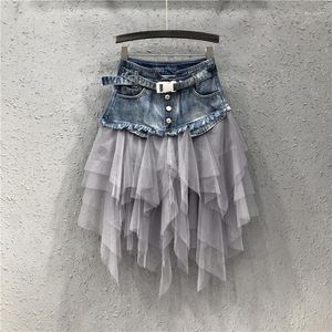 Skirts Punk Women Denim Jeans Mesh Patchwork Lace Skirt High Waist A Line Asymmetric Frill Tulle Pleated Midi Y2K Gothic Chic