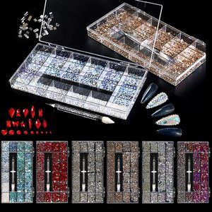 Unha Glitter Luxo Brilhante Diamante Arte Conjunto de Decorações de Cristal Vidro AB 1pcs Caneta Pick Up em Grids Caixa 21 Forma 230704