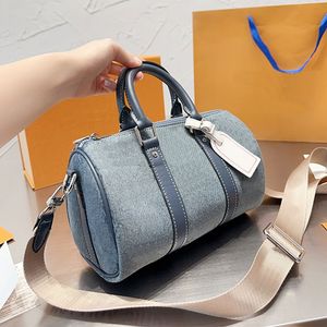 Damen-Kissentasche, Denim-Vintage-Hangdbag, alte Blumen-Einkaufstasche, Geldbörse, Umhängetasche, Canvas-Leder, hochwertiges Gepäcketikett, silberne Hardware, breiter Riemen