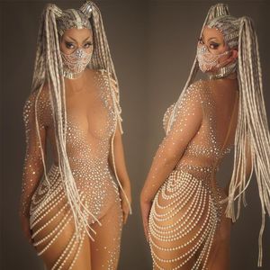 Single Sleeve Pearl Rhinestones Jumpsuit Sexy Stage Wear Women Transparent Mesh Elastic Bodysuit Leotard Nightclub Bar DJ Singer D283U