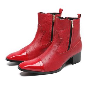 Christia Bella Moda Kırmızı Elbise Ayakkabı Kare Ayak Parmağı Kovboy Kısa Botlar Botalar Artı Boyut Boyutu Resmi Kulüp Parti Ayak Bilgi Botları Erkekler