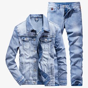 Smart Casual 2 szt. Zestawy jeansów męskich jasnoniebieska prosta kurtka dżinsowa z długim rękawem i spodnie wiosna Slim-fit Stretch odzież męska