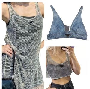 Kvinnor Glänsande Rhinestone Klänning Sexig Crop Top Väst Mode Denim BH Toppar Ärmlösa Sling Västar Kvinnor Klänningar