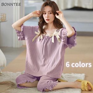 Women's Sleepwear Pajama Sets Women Candy Color Kawaii Bow Summer Thin Home Korean Style Cozy Female Soft Loose Casual Mujer Cool Young