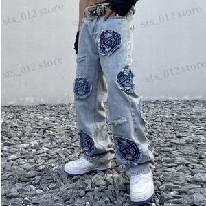 Erkek kot pantolon harfi yırtılmış düz sokak kıyafeti çift denim pantolon sıkıntılı harajuku vibe tarzı büyük boy kot pantolon t230705