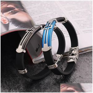 Charm Bracelets Cross Black Sile Wrap Para Casal Aço Inoxidável Christian Sinal Bracelete Mulheres Homens Moda Jóias Presente Drop Delivery Dh8Ya