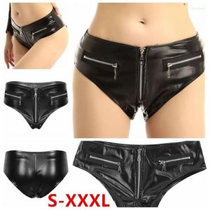 Damen-Shorts für Damen, sexy, schwarzes Lackleder, Reißverschluss, niedrige Taille, Beute, glänzend, freche Tanz-, Festival-, Rave-Unterteile