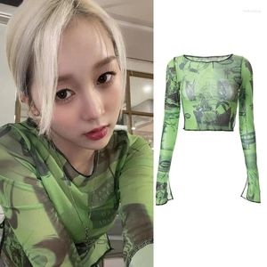 T-shirt da donna Kpop Outfit O-Collo Abbigliamento da donna Hip Hop Dancewear Music Festival Abbigliamento T-shirt Manica lunga Crop Tops Casual