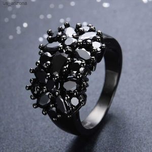 Anéis de moda únicos femininos pretos ovais incrustados com borda cruzada vintage grandes anéis de casamento joias presentes para mulheres homens L230620