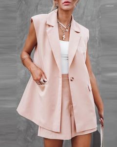 Women's Tracksuits Two Piece Sets Womens Outifits 2023 Fashion Lapel Collar Sleeveless Plain Pocket Blazer Vest & Casual Above Knee