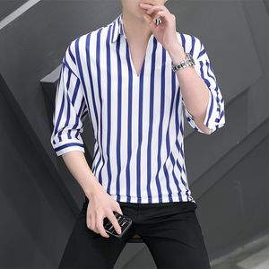 Ice Silk Short Sleeve T-shirt Men's Summer Fashion Brand Thin 75/4 Sleeve V-Neck T-shirt Men's Casual Ruffian and Handsome Edition