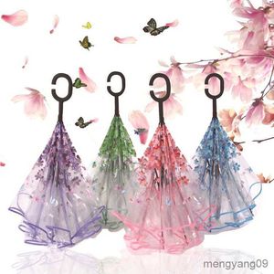 Umbrellas Creative Reverse Transparent Umbrella Women Sakura Double Layer Handle Windproof Rain Foldable Umbrellas Rain Gear R230705