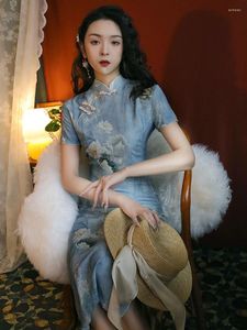 Etniska kläder Kvinnor Lotus Cheongsam Sommar Blommig Kortärmad Vintage Blå Klänning Smal Kvinnliga Kostymer Qipao S Till XXL