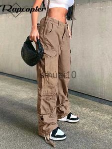 Women's Pants Capris Rapcopter Ruched Big Pockets Cargo Jeans Retro Sporty Low Waisted Trousers Light Brown Fashion Streetwear Denim Joggers Women J230705