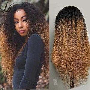 Kinky Curly Wigs Highlight Curly 13X4 Spets Front Peruker Mörkrot Brun Honung Blond Syntetiska peruker Förplockade Babyhår 230524