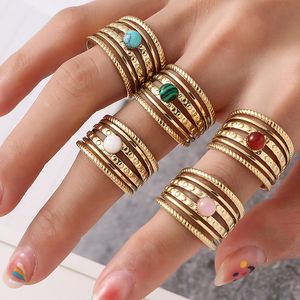 Turquoise Zircon Natural Stone Opening Rings for Women Boho Gold Plated Stainless Steel Finger Rings Jewelry Gifts Wholesale