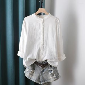 Женские блузки Lamtrip Sweet Lace Edge Cotton Yarn Strent воротник с длинным рукавом белая рубашка блузка