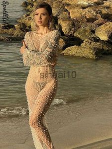 Casual Kleider Frauen Mode Sexy Durchsichtig Strand Langes Kleid Damen Helle Diamant Perlen Robe Weibliche 2022 Sommer Mesh Langarm kleid J230705