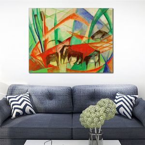 Abstract Animal Canvas Art Landscape with Black Horses Franz Marc Painting Handmade Musical Decor for Piano Room